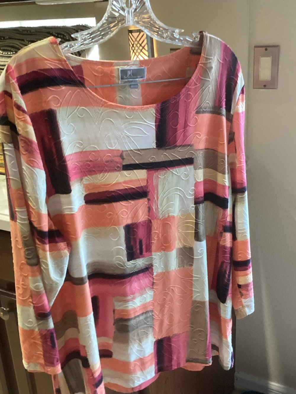 JM Collection Rust & Cream Abstract Long-Sleeve Top